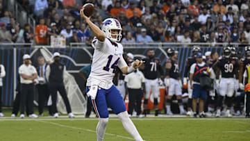 Aug 17, 2025; Chicago, Illinois, USA;  Buffalo Bills quarterback Mike White (14) throws during the first half against the Chicago Bears at Soldier Field. Mandatory Credit: Matt Marton-Imagn Images