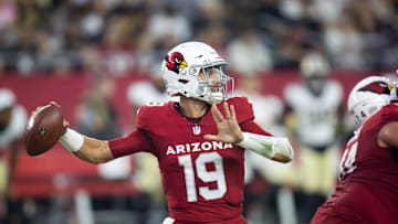 Aug 10, 2024; Glendale, Arizona, USA; Arizona Cardinals quarterback Desmond Ridder (19) against the New Orleans Saints during a preseason NFL game at State Farm Stadium. Mandatory Credit: Mark J. Rebilas-Imagn Images
