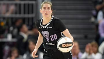 Jun 7, 2025; San Francisco, California, USA; Golden State Valkyries guard Kate Martin (20) dribbles against the Las Vegas Aces during the second quarter at Chase Center. Mandatory Credit: Darren Yamashita-Imagn Images