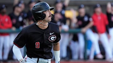 Georgia infielder Kolby Branch (9) watches his home run fly through the air during a NCAA baseball game against Arkansas in Athens, Ga., on Friday, April 11, 2025.