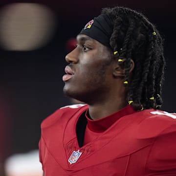 Aug 10, 2024; Glendale, Arizona, USA; Arizona Cardinals wide receiver Marvin Harrison Jr. (18) against the New Orleans Saints during a preseason NFL game at State Farm Stadium. Mandatory Credit: Mark J. Rebilas-Imagn Images
