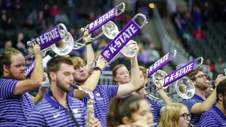 Dec 17, 2022; Kansas City, Missouri, USA; Members of the Kansas State Wildcats band perform against the Nebraska Cornhuskers prior to a game at T-Mobile Center. Mandatory Credit: Denny Medley-USA TODAY Sports