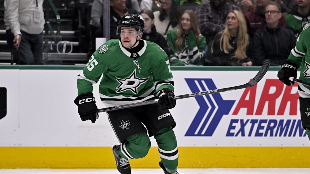 Jan 19, 2025; Dallas, Texas, USA; Dallas Stars right wing Matej Blumel (25) skates against the Detroit Red Wings during the second period at the American Airlines Center. Mandatory Credit: Jerome Miron-Imagn Images