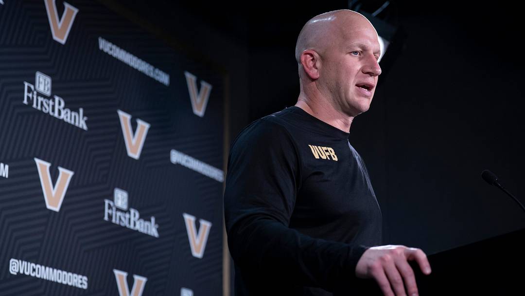 Vanderbilt Football Coach Clark Lea speaks with the media before the start of practice at Vanderbilt University Tuesday, Aug. 4, 2026.