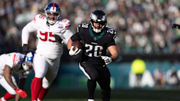 Jan 5, 2025; Philadelphia, Pennsylvania, USA; Philadelphia Eagles running back Will Shipley (28) runs with the ball after a catch against the New York Giants during the second quarter at Lincoln Financial Field. 