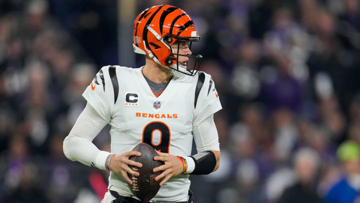 Nov 16, 2023; Baltimore, Maryland, USA; Cincinnati Bengals quarterback Joe Burrow (9) drops back in the pocket in the first quarter against the Baltimore Ravens at M&T Bank Stadium. Mandatory Credit: Sam Greene-USA TODAY Sports