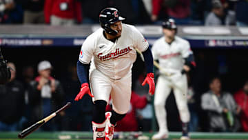 Oct 18, 2024; Cleveland, Ohio, USA; Cleveland Guardians first baseman Josh Naylor (22) hits a two RBI double in the seventh inning against the New York Yankees during game four of the ALCS for the 2024 MLB playoffs at Progressive Field. Mandatory Credit: David Dermer-Imagn Images