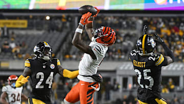 Jan 4, 2025; Pittsburgh, Pennsylvania, USA; Cincinnati Bengals wide receiver Tee Higgins (5) catches a pass in front of Pittsburgh Steelers cornerback Joey Porter Jr. (24) and safety DeShon Elliott (25) during the second quarter at Acrisure Stadium. 