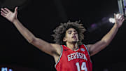 Dec 3, 2024; Athens, Georgia, USA; Georgia Bulldogs forward Asa Newell (14) guards against an inbounds pass against the Notre Dame Fighting Irish at Stegeman Coliseum. Mandatory Credit: Dale Zanine-Imagn Images