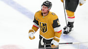 Mar 22, 2025; Las Vegas, Nevada, USA; Vegas Golden Knights center Jack Eichel (9) celebrates after scoring an empty net goal against the Detroit Red Wings during the third period at T-Mobile Arena. Mandatory Credit: Stephen R. Sylvanie-Imagn Images
