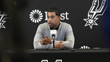 Nov 13, 2024; San Antonio, Texas, USA; San Antonio Spurs general manager Brian Wright speaks with the media about the health and absence of head coach Gregg Popovich before a game against the Washington Wizards at Frost Bank Center. Mandatory Credit: Scott Wachter-Imagn Images