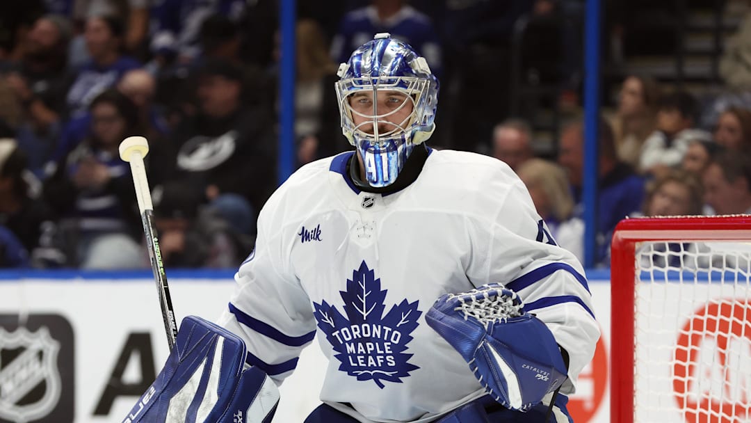 Apr 9, 2025; Tampa, Florida, USA; Toronto Maple Leafs goaltender Anthony Stolarz (41) looks on against the Tampa Bay Lightning during the third period at Amalie Arena. Mandatory Credit: Kim Klement Neitzel-Imagn Images