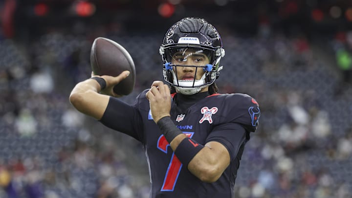 Dec 15, 2024; Houston, Texas, USA; Houston Texans quarterback C.J. Stroud (7) warms up before the game against the Baltimore Ravens at NRG Stadium. Mandatory Credit: Troy Taormina-Imagn Images Dec 15, 2024; Houston, Texas, USA; Houston Texans quarterback C.J. Stroud (7) warms up before the game against the Baltimore Ravens at NRG Stadium. Mandatory Credit: Troy Taormina-Imagn Images