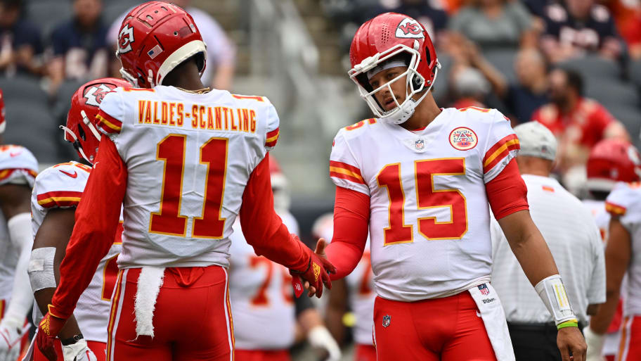 Aug 13, 2022; Chicago, Illinois, USA;  Kansas City Chiefs quarterback Patrick Mahomes (15) warms up with wide receiver Marquez Valdes-Scantling (11) before a game against the Chicago Bears at Soldier Field. Mandatory Credit: Jamie Sabau-USA TODAY Sports | Jamie Sabau-USA TODAY Sports