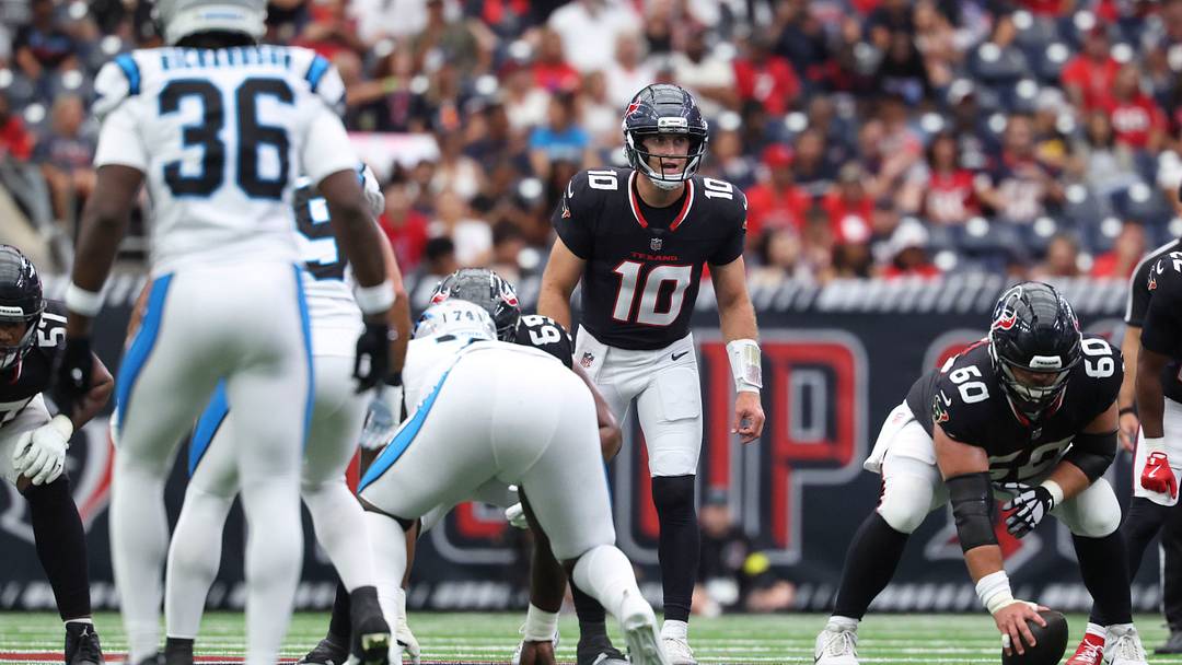Aug 16, 2025; Houston, Texas, USA; Houston Texans quarterback Davis Mills (10) calls a play during the game against the Carolina Panthers at NRG Stadium. Mandatory Credit: Troy Taormina-Imagn Images