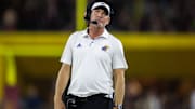 Oct 5, 2024; Tempe, Arizona, USA; Kansas Jayhawks head coach Lance Leipold against the Arizona State Sun Devils at Mountain America Stadium. Mandatory Credit: Mark J. Rebilas-Imagn Images