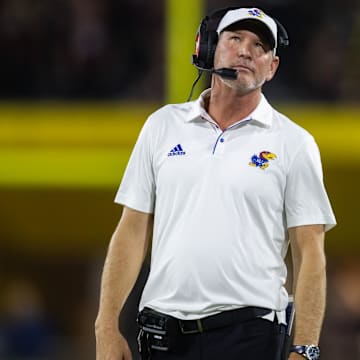 Oct 5, 2024; Tempe, Arizona, USA; Kansas Jayhawks head coach Lance Leipold against the Arizona State Sun Devils at Mountain America Stadium. Mandatory Credit: Mark J. Rebilas-Imagn Images