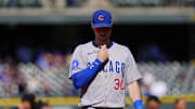Aug 31, 2025; Denver, Colorado, USA; Chicago Cubs right fielder Kyle Tucker (30) following the loss to the Colorado Rockies at Coors Field. Mandatory Credit: Ron Chenoy-Imagn Images