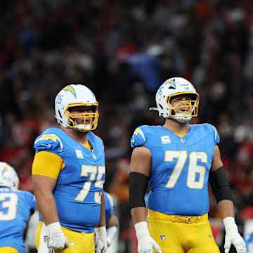 [US, Mexico & Canada customers only] Sep 5, 2025; Sao Paulo, BRAZIL;  Los Angeles Chargers center Bradley Bozeman (75) and offensive tackle Joe Alt (76) before a NFL game at Corinthians Arena. Mandatory Credit: Amanda Perobelli/Reuters via Imagn Images