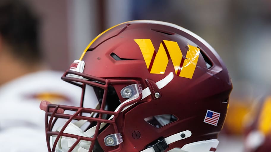 Detailed view of a Washington Commanders helmet at State Farm Stadium. | Mark J. Rebilas-Imagn Images