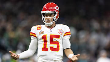 Kansas City Chiefs quarterback Patrick Mahomes (15) reacts against the Philadelphia Eagles in Super Bowl LIX at Ceasars Superdome.
