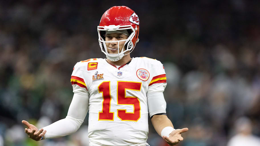 Kansas City Chiefs quarterback Patrick Mahomes (15) reacts against the Philadelphia Eagles in Super Bowl LIX at Ceasars Superdome. | Mark J. Rebilas-Imagn Images