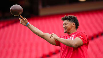 Aug 22, 2024; Kansas City, Missouri, USA; Kansas City Chiefs quarterback Patrick Mahomes (15) warms up prior to a game against the Chicago Bears at GEHA Field at Arrowhead Stadium. Mandatory Credit: Jay Biggerstaff-Imagn Images