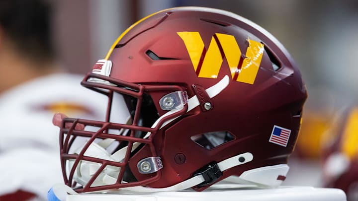 Sep 29, 2024; Glendale, Arizona, USA; Detailed view of a Washington Commanders helmet at State Farm Stadium. Mandatory Credit: Mark J. Rebilas-Imagn Images Sep 29, 2024; Glendale, Arizona, USA; Detailed view of a Washington Commanders helmet at State Farm Stadium. Mandatory Credit: Mark J. Rebilas-Imagn Images