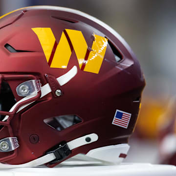 Sep 29, 2024; Glendale, Arizona, USA; Detailed view of a Washington Commanders helmet at State Farm Stadium. Mandatory Credit: Mark J. Rebilas-Imagn Images