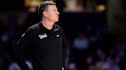 Vanderbilt head coach Mark Byington works with his team against Mississippi State during the second half at Memorial Gymnasium in Nashville, Tenn., Tuesday, Jan. 7, 2025.