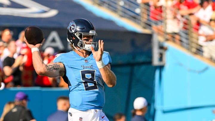 Aug 10, 2024; Nashville, Tennessee, USA; Tennessee Titans Will Levis (8)  during pregame warmupsat Nissan Stadium. Mandatory Credit: Steve Roberts-USA TODAY Sports