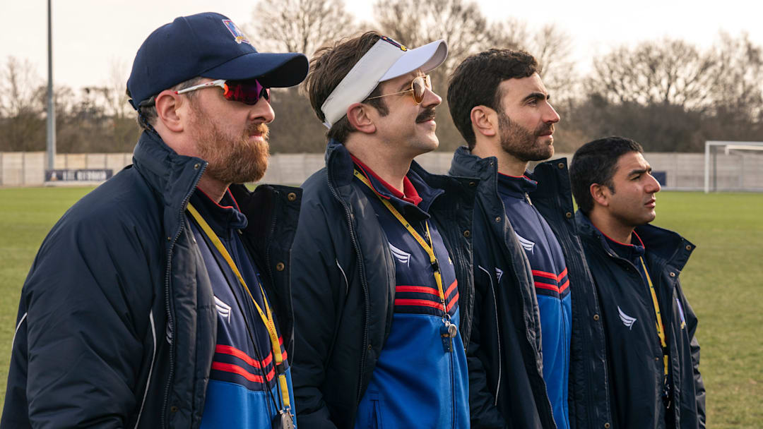 Brendan Hunt, Jason Sudeikis, Brett Goldstein and Nick Mohammed in “Ted Lasso” season two, now streaming on Apple TV+.