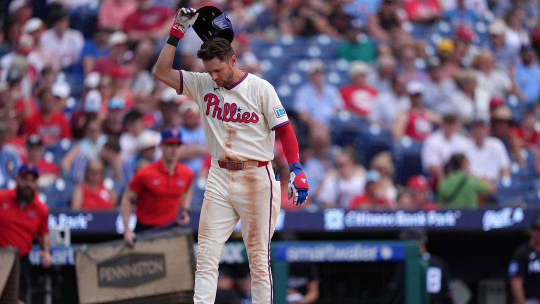 Jun 17, 2026; Philadelphia, Pennsylvania, USA; Philadelphia Phillies infielder Trea Turner (7) reacts after striking out against the Miami Marlins in the sixth inning at Citizens Bank Park. Mandatory Credit: Kyle Ross-Imagn Images