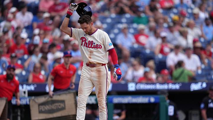 Jun 17, 2026; Philadelphia, Pennsylvania, USA; Philadelphia Phillies infielder Trea Turner (7) reacts after striking out against the Miami Marlins in the sixth inning at Citizens Bank Park. Mandatory Credit: Kyle Ross-Imagn Images
