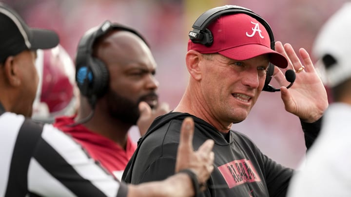 Alabama Crimson Tide head coach Kalen Deboer talks on the sideline Thursday, Jan. 1, 2026, during the Rose Bowl and quarterfinal game of the College Football Playoff against Indiana Hoosiers at Rose Bowl Stadium in Pasadena, Calif.