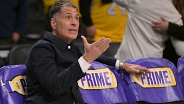 Los Angeles Lakers general manager Rob Pelinka looks on as players warm up before the game against the Orlando Magic at Crypto.com Arena.