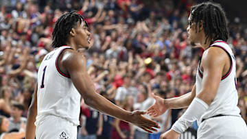 Nov 10, 2024; Spokane, Washington, USA; Gonzaga Bulldogs guard Michael Ajayi (1) high fives Gonzaga Bulldogs guard Ryan Nembhard (0) during a game against the Arizona State Sun Devils in the second half at McCarthey Athletic Center. Mandatory Credit: James Snook-Imagn Images