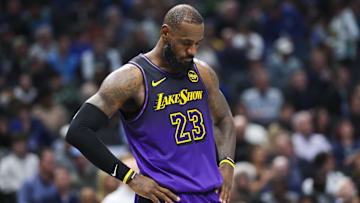 Jan 7, 2025; Dallas, Texas, USA;  Los Angeles Lakers forward LeBron James (23) reacts during the game against the Dallas Mavericks at American Airlines Center. Mandatory Credit: Kevin Jairaj-Imagn Images