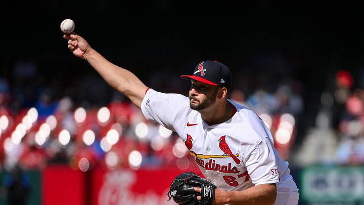 Mar 29, 2026; St. Louis, Missouri, USA; St. Louis Cardinals pitcher Matt Pushard (67) pitches in his major league debut in the eighth inning against the Tampa Bay Rays at Busch Stadium. Mandatory Credit: Jeff Curry-Imagn Images