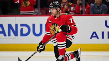 Sep 28, 2023; Chicago, Illinois, USA;  Chicago Blackhawks forward Taylor Hall (71) warms up before a game against the St. Louis Blues at United Center. Mandatory Credit: Jamie Sabau-Imagn Images