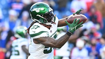 Nov 19, 2023; Orchard Park, New York, USA;New York Jets linebacker C.J. Mosley (57)  warms up before a game against the Buffalo Bills at Highmark Stadium. Mandatory Credit: Mark Konezny-Imagn Images