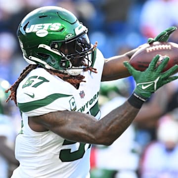 Nov 19, 2023; Orchard Park, New York, USA;New York Jets linebacker C.J. Mosley (57)  warms up before a game against the Buffalo Bills at Highmark Stadium. 