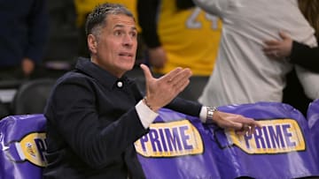 Nov 21, 2024; Los Angeles, California, USA;  Los Angeles Lakers general manager Rob Pelinka looks on as players warm up prior to the game against the Orlando Magic at Crypto.com Arena. Mandatory Credit: Jayne Kamin-Oncea-Imagn Images