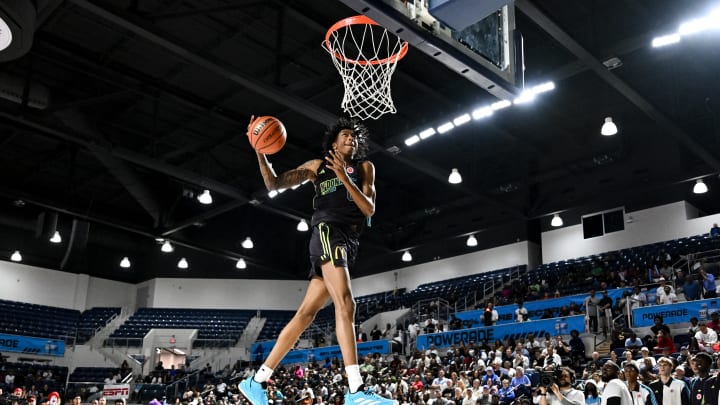 Apr 1, 2024; Houston, TX, USA; McDonald's All American East forward Isaiah Evans (0) in action during the dunk competition during the 2024 McDonalds High School All American Powerade Jam Fest at Delmar Fieldhouse. Mandatory Credit: Maria Lysaker-USA TODAY Sports