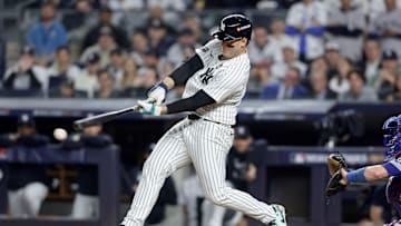 Anthony Rizzo takes a swing in Game 5 of the 2024 World Series between the Los Angeles Dodgers and New York Yankees.