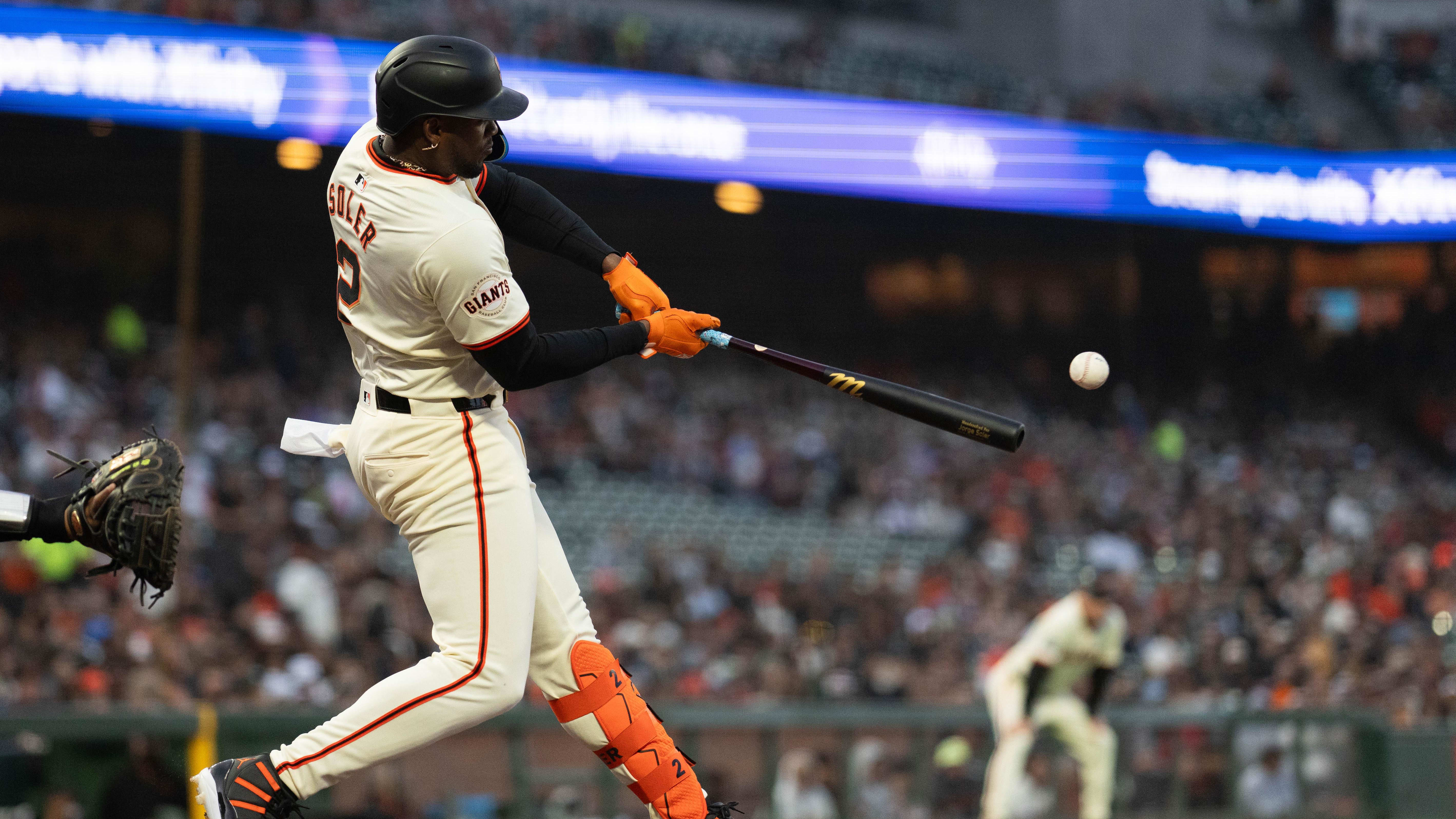 Apr 18, 2024; San Francisco, California, USA; Giants DH Jorge Soler at the plate.