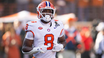 Dec 21, 2024; Austin, Texas, USA; Clemson Tigers wide receiver Adam Randall (8) against the Texas Longhorns during the CFP National playoff first round at Darrell K Royal-Texas Memorial Stadium. Mandatory Credit: Mark J. Rebilas-Imagn Images