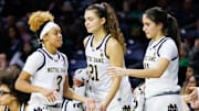 Notre Dame guard Hannah Hidalgo (3) checks out of a NCAA women's basketball game between Notre Dame and SMU at Purcell Pavilion on Sunday, Jan. 19, 2025, in South Bend.