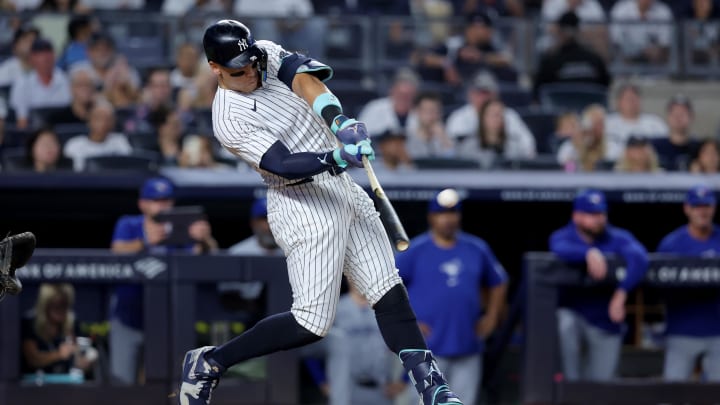 New York Yankees center fielder Aaron Judge (99) hits a two run home run against the Toronto Blue Jays during the first inning at Yankee Stadium on Aug 2.