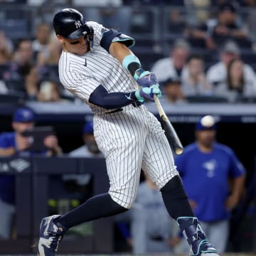 Aug 2, 2024; Bronx, New York, USA; New York Yankees center fielder Aaron Judge hits a home run.